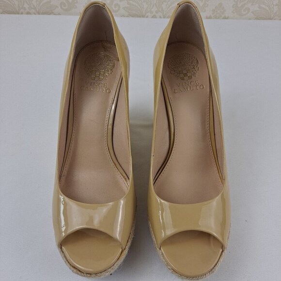 Vince Camuto Totsi Size 8M Nude Patent Leather Espadrille Wedge Heels Peep Toe - Picture 3 of 13